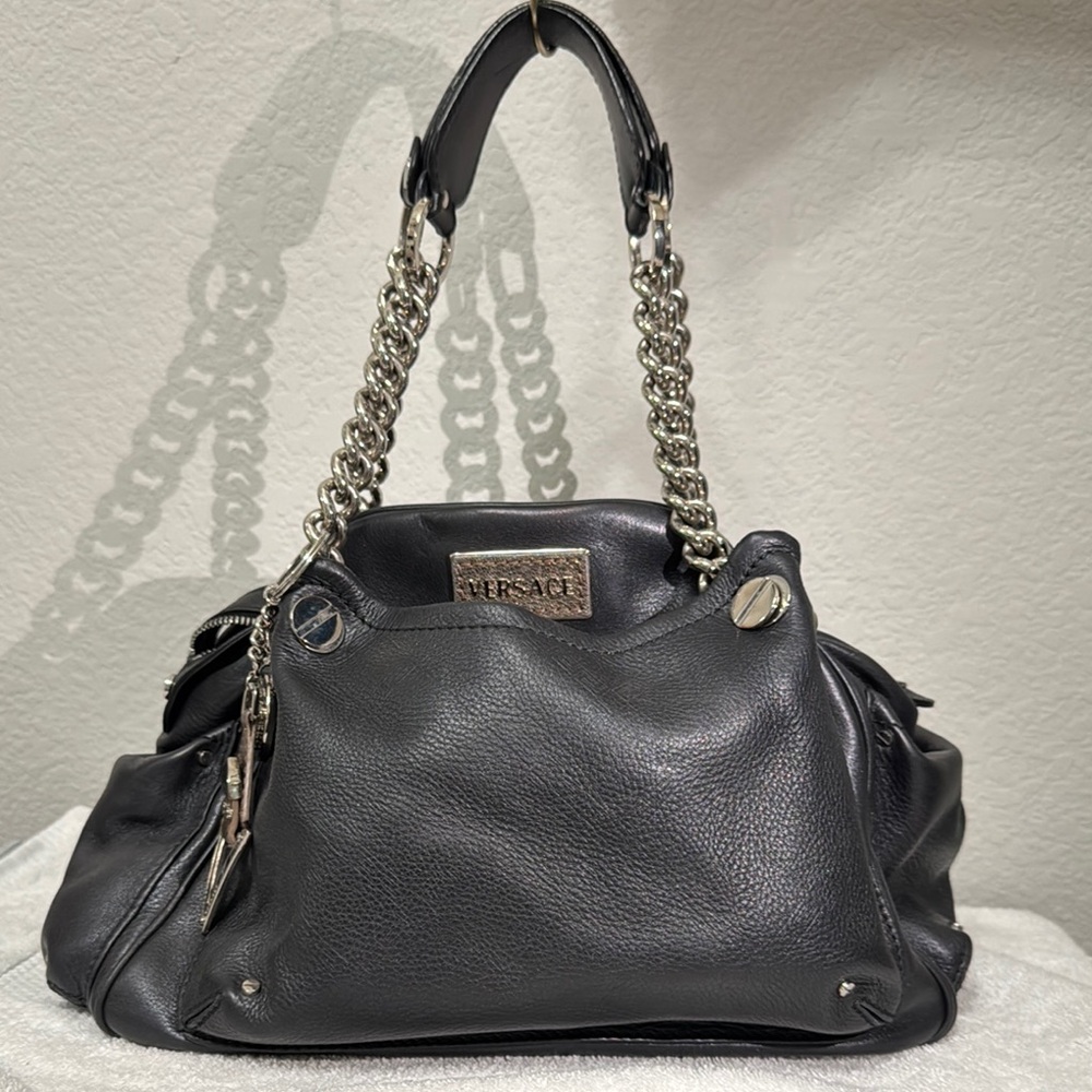 Versace Black and Silver Shoulder Bag with Chain Details